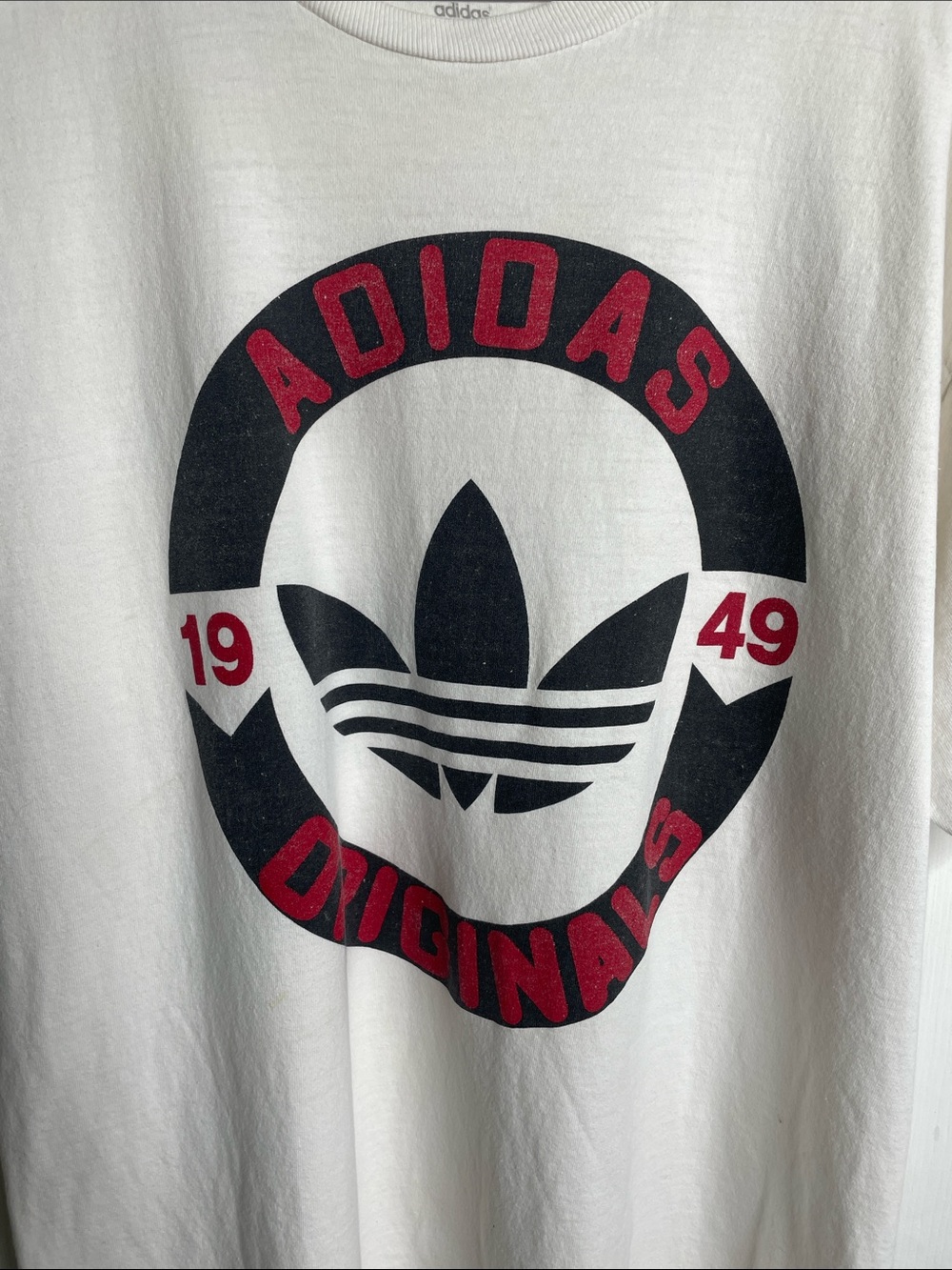 adidas Cream T-Shirt with Black & Red Trefoil Graphic